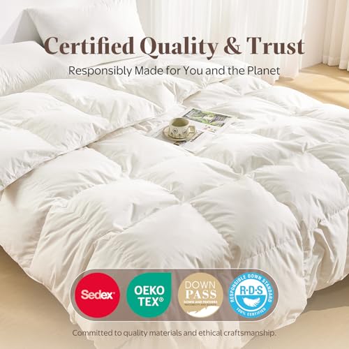 Goose Feather Down Comforter Queen Size - All Season Organic Cotton Duvet Insert