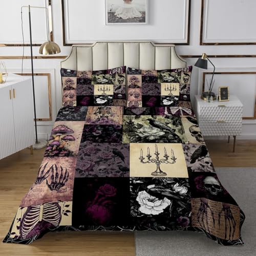 Gothic Crow Queen Bedspread Set, Vintage Skull Floral Quilt Coverlet 3Pcs