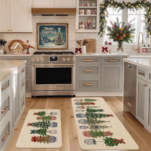 Christmas Kitchen Rugs Set of 2 Pine Trees and Blue Red Porcelain 17x29 & 17x47 Inches
