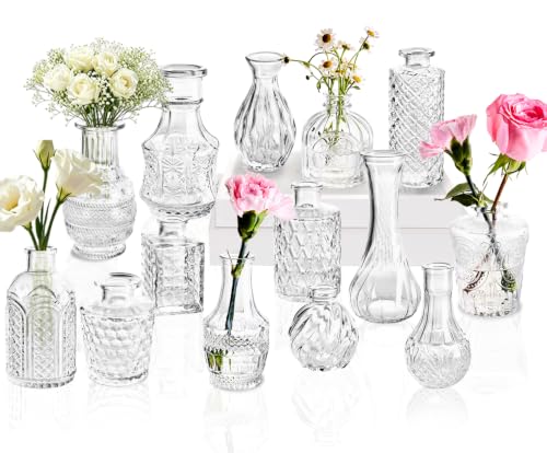 Clear Glass Bud Vase Set of 14 - Small Flower Vases for Wedding Decor