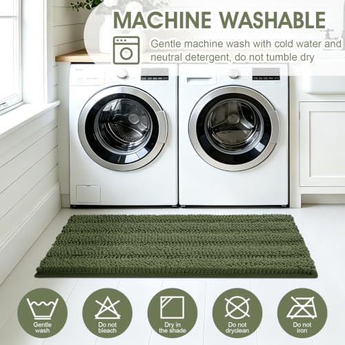 ACCUMTEK Olive Green U Shape & Rectangular Bathroom Rug Set - Plush Chenille Non Slip Bath Mats, 24x20 & 48x20 Inches