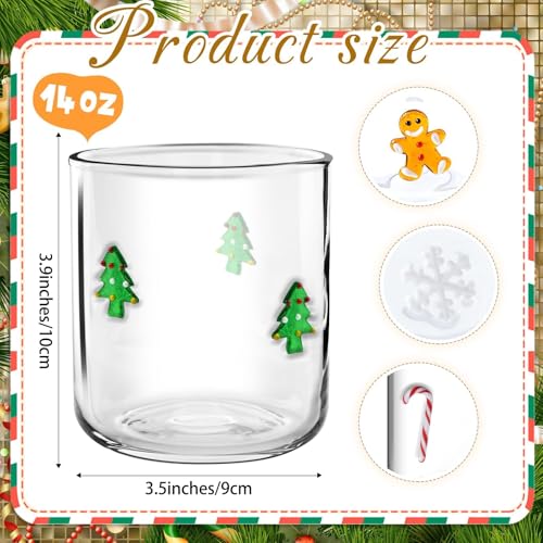 Sel Natural Christmas Icon Glasses Set - 4 pcs 14 oz Holiday Drinkware with Snowflake, Candy Cane, Gingerbread, Tree Designs