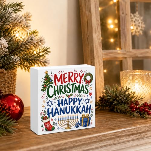 Happy Hanukkah & Christmas Holiday Decorations Wooden Sign - Festive Seasonal Decor