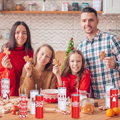 Ziliny 8 Pack Christmas Insulated Stainless Steel Travel Tumblers with Lids and Straws - 20 oz