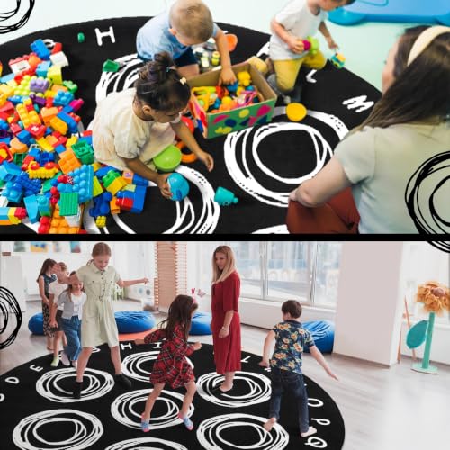 6.5ft Round Classroom Rug, Black and White Educational Alphabet Seating Carpet