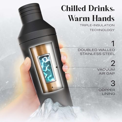 Bare Barrel Matte Black Insulated Cocktail Shaker Set with Built-in Measure, Strainer & Travel Bag
