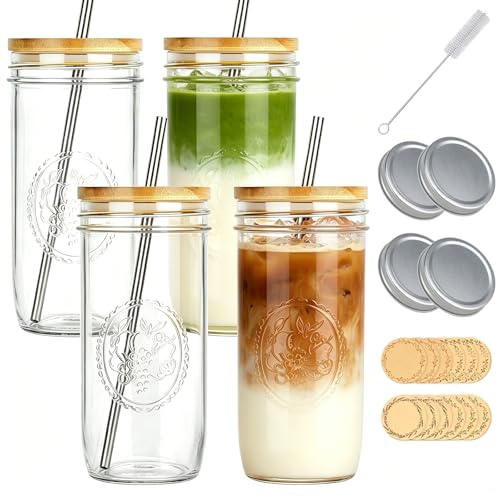 24 oz Glass Mason Jar Tumblers with Lids and Straws - 4 Pack Embossed Mugs