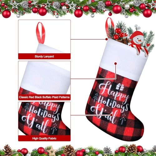 Skylety 24 Pcs Small Christmas Stockings Bulk 9" Buffalo Plaid Red and Black Word Variation