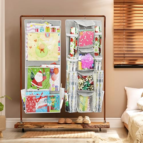 Double-Sided Hanging Gift Wrap Organizer with Pockets, Gray