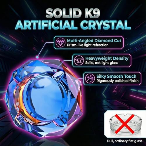 Heavy K9 Crystal Ashtray, Color-Changing Holographic Glass Ash Tray