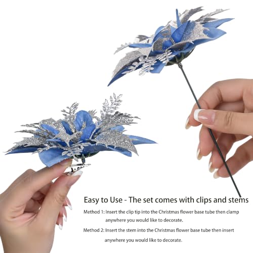 Blue Glitter Poinsettia Flowers 5.5in - 15 Pack with Clips for Christmas Tree, Wreaths & Garlands (Variation: Blue)