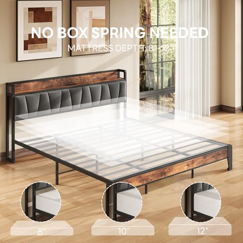 King Size Platform Bed Frame with Storage Headboard & Charging Station