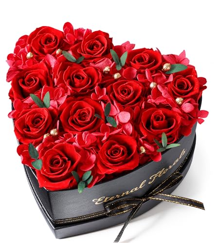 Preserved Red Roses in Heart-Shaped Gift Box with Eucalyptus and Hydrangea