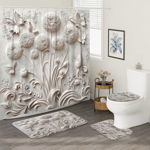 Vintage Dandelion 4-Piece Shower Curtain & Bathroom Rug Set - 72x72