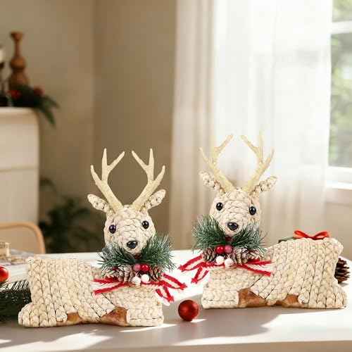Lulu Home Set of 2 Rustic Straw Reindeer Christmas Tabletop Decor - Natural Straw
