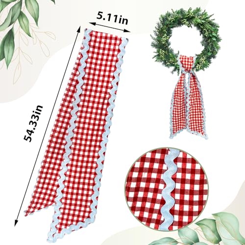 Red and White Buffalo Plaid Wreath Sash for Front Door Decor (5x54 In)