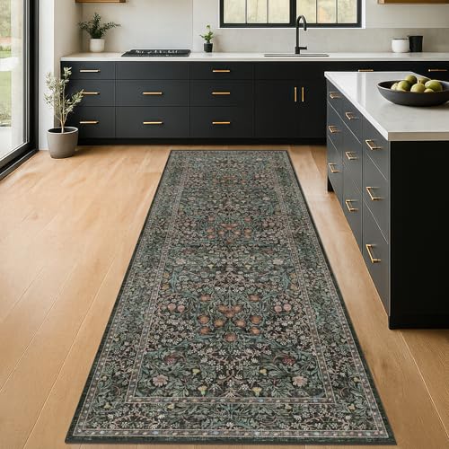 2x6 Washable Kitchen Runner Rug, Non-Slip Vintage Botanical Floral Carpet