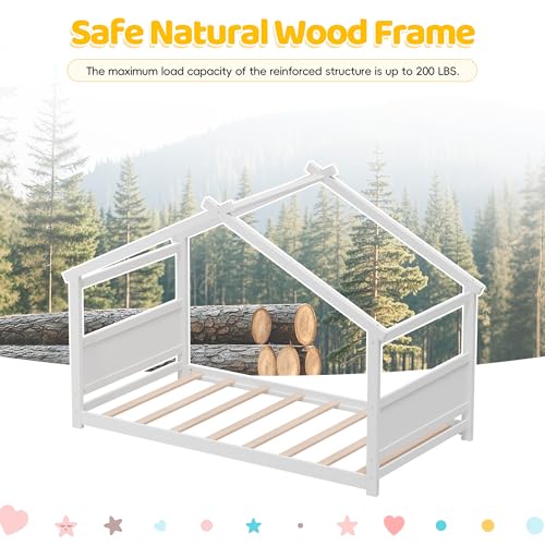 Twin Montessori Floor House Bed, Solid Wood Toddler Bed Frame, White