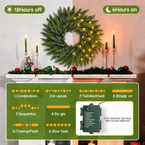 24-Inch Pre-Lit Christmas Wreath with 50 LED Lights for Front Door