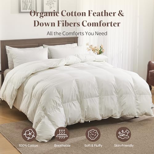Goose Feather Down Comforter Queen Size - All Season Organic Cotton Duvet Insert