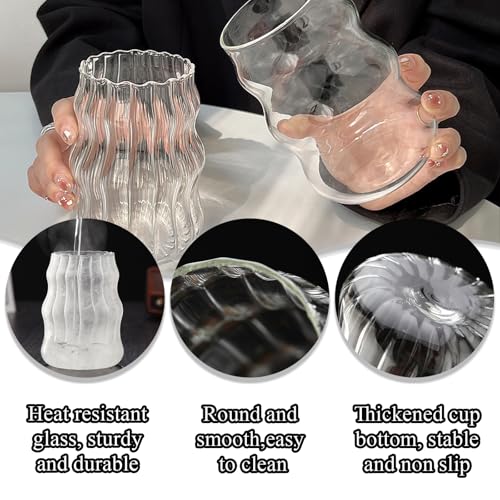 2 Pcs Ribbed Glass Cups, 18 Oz Vintage Wavy Drinkware for Iced Coffee