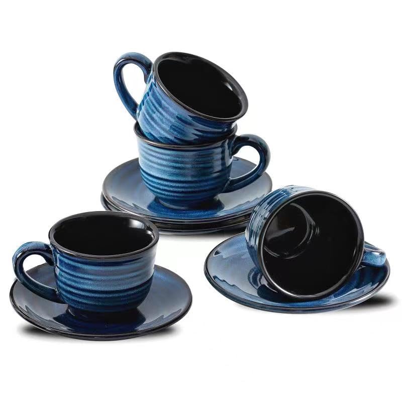 HASENSE Navy Blue 4oz Espresso Cups Set of 4 with Saucers - Small Ceramic Coffee Mugs for Espresso, Cappuccino, Tea, Latte