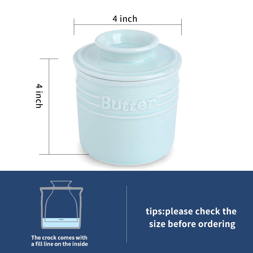 KOOV Ceramic Butter Crock, French Butter Dish, Butter Keeper for Counter, Big Capacity, Elegant Blue Collection (Light Blue)