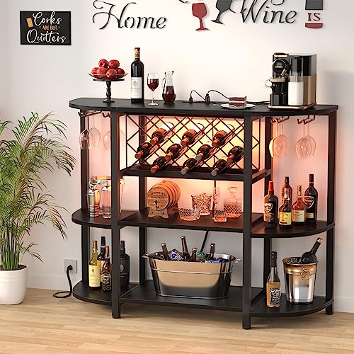 4-Tier Coffee Bar Cabinet with LED Lights, Power Outlets & Wine Storage