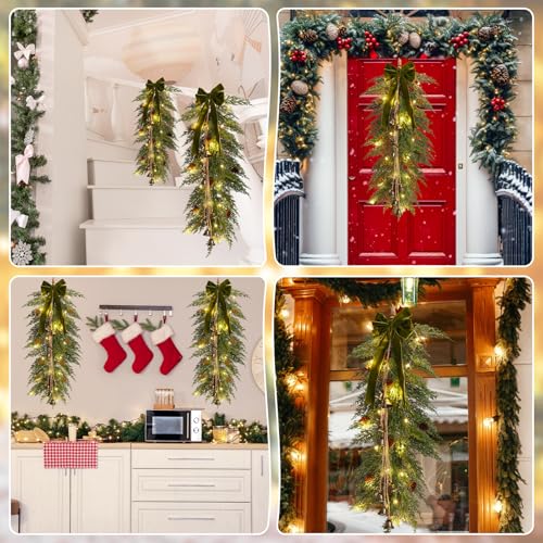 36-Inch Artificial Christmas Teardrop Swag with LED Lights and Velvet Bow