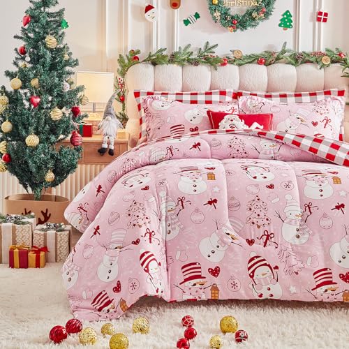 UOZZI Bedding Christmas Queen Comforter Set 7pc – Pink Snowman, Red Plaid, 12in Fitted Sheet