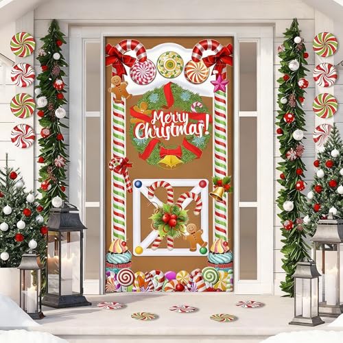 Christmas Gingerbread House Door Cover with Floor Stickers - Holiday Decor, 67x33 inches