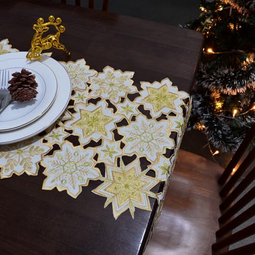 Grelucgo Gold Snowflake Embroidered Table Runner 14x84 Inches for Christmas & Winter