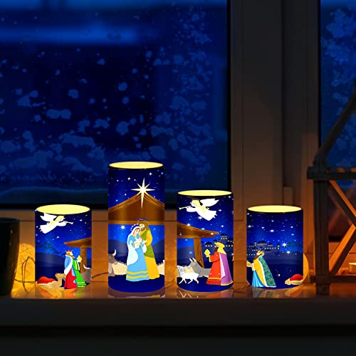 Flameless LED Nativity Scene Pillar Candles - 4-Piece Flickering Christmas Set