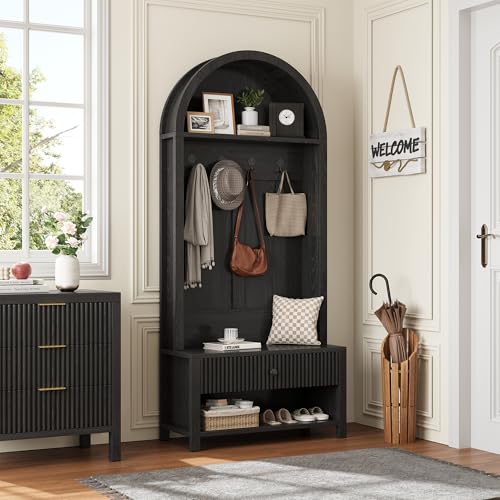 71-Inch Farmhouse Entryway Hall Tree with Coat Rack, Bench, and Shoe Storage