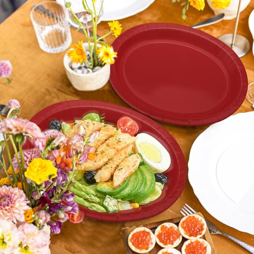 Red Paper Plates 50 Count 12.2 x 10.2 Inch Heavy-Duty Disposable Dinnerware - Perfect for Parties & Events