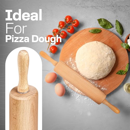 Beech Wood Rolling Pin with Handles - 17.6 Inch Dough Roller for Baking