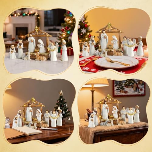 12-Piece Lighted Nativity Scene Set, Hand-Painted Resin Christmas Table Decor