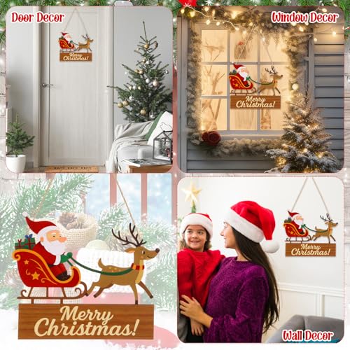 Merry Christmas Door Sign Santa Reindeer Wood Hanger with Burlap Rope