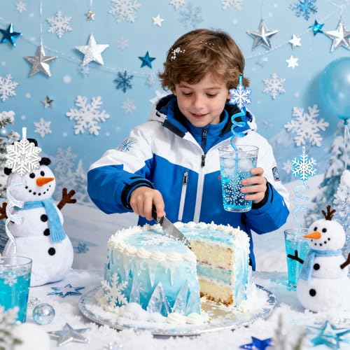 Reusable Frozen Snowflake Drinking Straws with Glitter Toppers - 24 Pcs