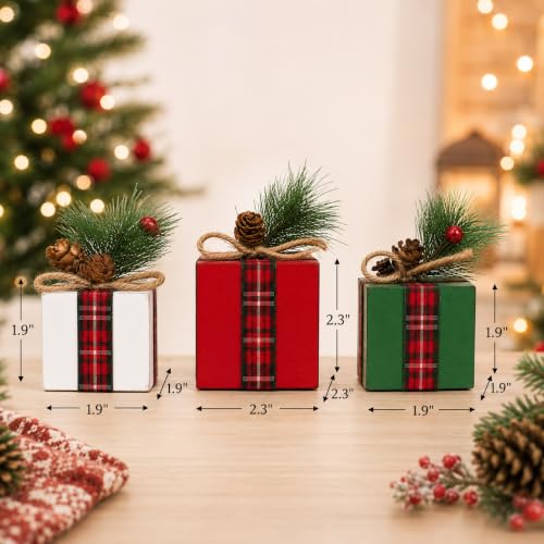 Christmas Wooden Gift Box Decor Set of 3 Holiday Tiered Tray Decorations