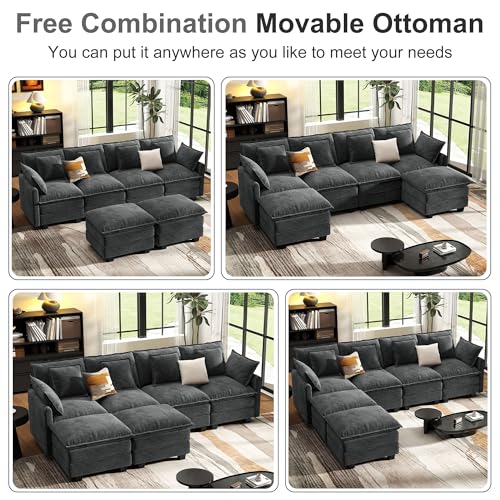 107" Modular Cloud Sectional Sofa with Ottomans, Deep Seat Couch