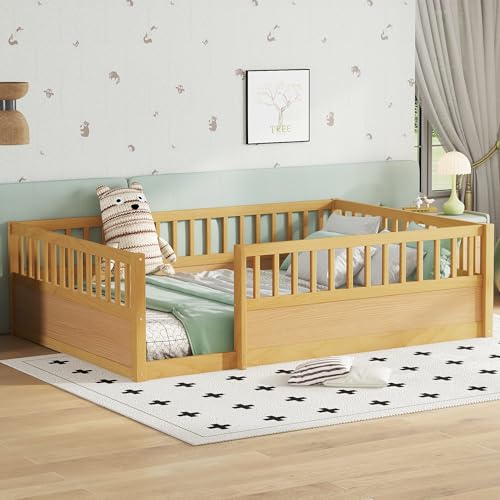 Full Size Montessori Floor Bed Frame with Safety Fence, Solid Wood
