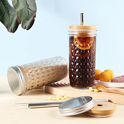 ASANMEYO Clear Glass Mason Jar Set 24oz with Bamboo & Airtight Lids, Reusable Drink Cups for Smoothies & Iced Coffee