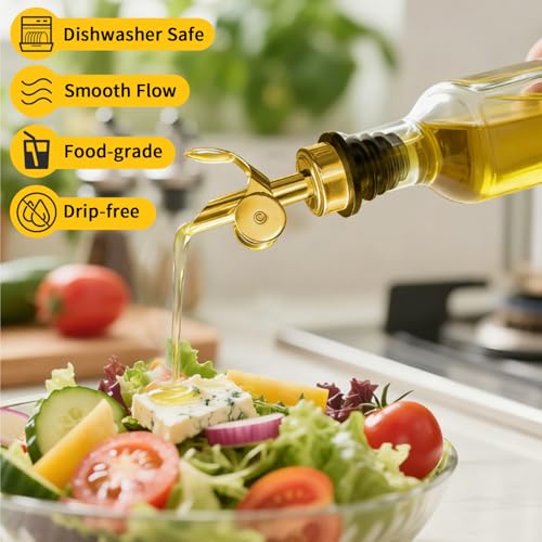 MCSDFN Gold 6-Pc Auto Flip Liquor & Oil Pour Spout Stainless Steel Dispenser