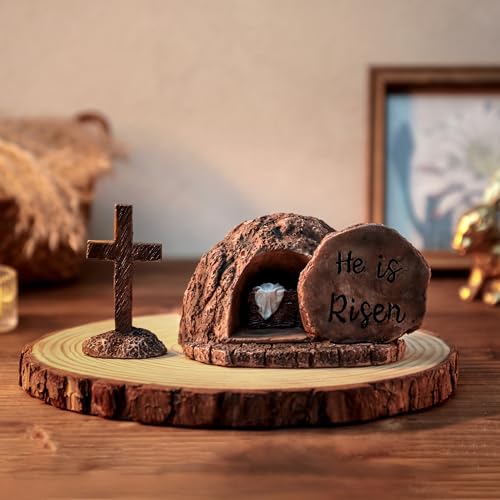 Resin Empty Tomb and Cross Easter Nativity Set - He Is Risen Tabletop Decor