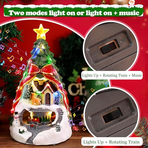 9.65IN Large Christmas Tree & Spinning Train Village Set - Pre-Lit Artificial Decor