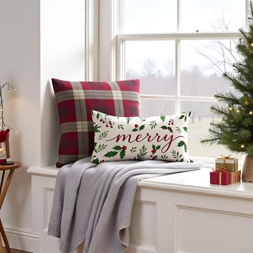 HERHOME Red & Green Christmas Throw Pillow Cover 20x12 with Holly Berries