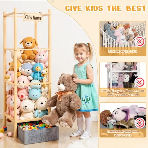 57-Inch Wooden Stuffed Animal Storage Zoo with Toy Tray and Nameplate
