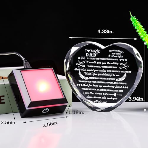 Dad Gifts from Daughter Son with LED Heart Crystal Keepsake | Dad from Daughter Son Gift with Colorful Base