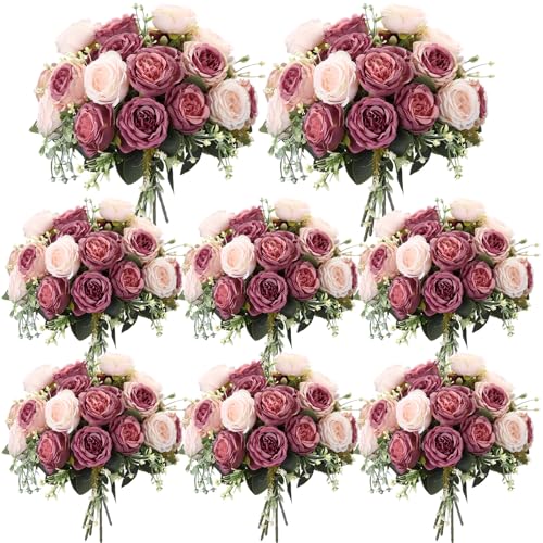 8 Bundles Dusty Pink Artificial Peonies Flowers - Faux Silk Bouquet for Weddings & Home Decor
